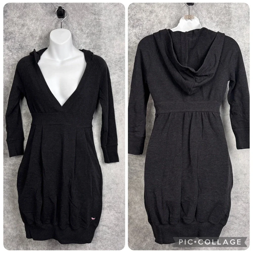 Victoria's Secret PINK Y2K Hooded Pullover Gray 3/4 Sleeve Sweatshirt Dress VTG - Picture 1 of 9